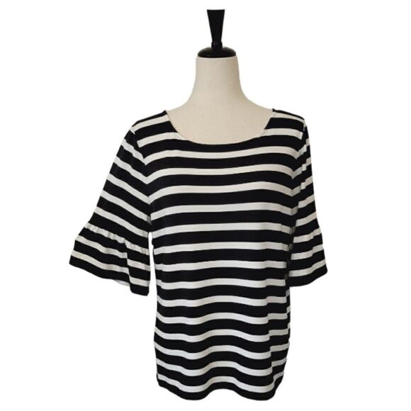 Talbots Black & White Striped  Ruffle Detail Sleeve Stretch Knit  Blouse Size L - Picture 1 of 7